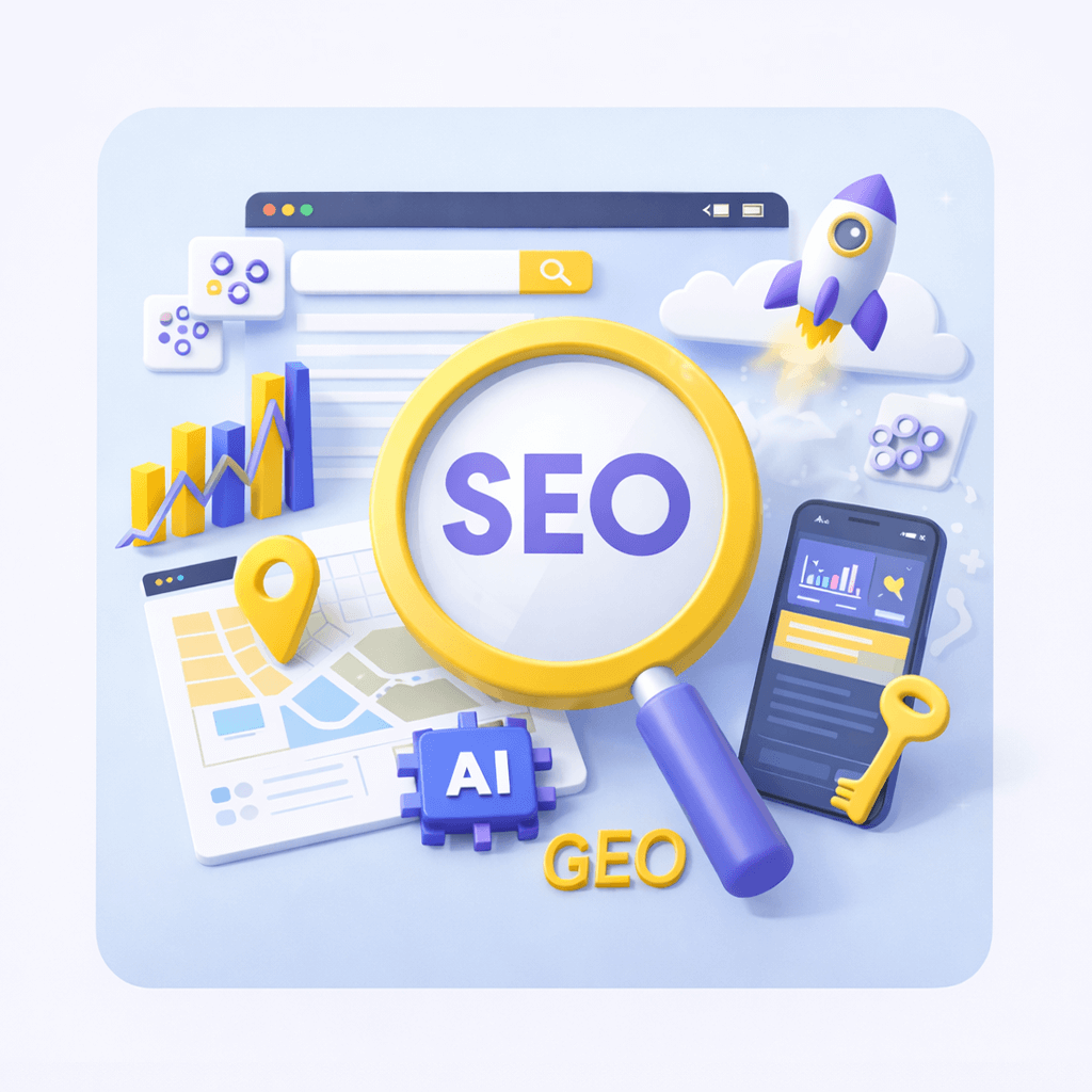 SEO、本地搜索和网站内容策略示意图